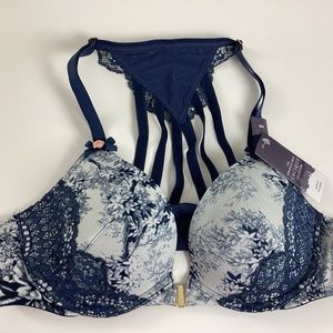 Cacique Front Close Boost Plunge Wire Bra Nylon Size 36A Blue Lift Lace Back NWT